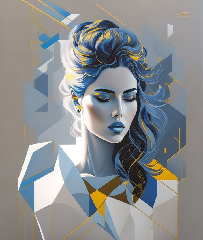 Stylized woman with blue hair in geometric blue, yellow, and gray background