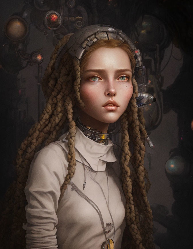 Young woman with braided hair in futuristic setting surrounded by complex machinery