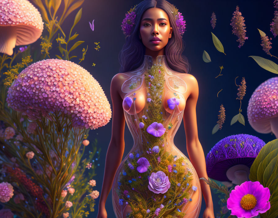 Digital artwork: Woman with flowers in transparent body, giant mushrooms in floral scenery