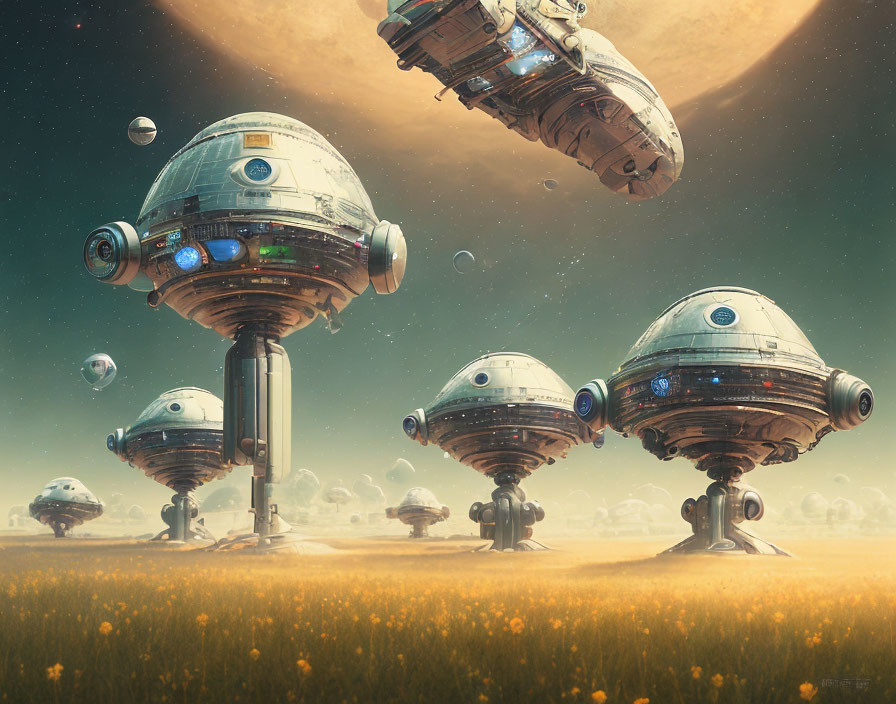 Futuristic spherical robots with tripod legs in field under hazy sky