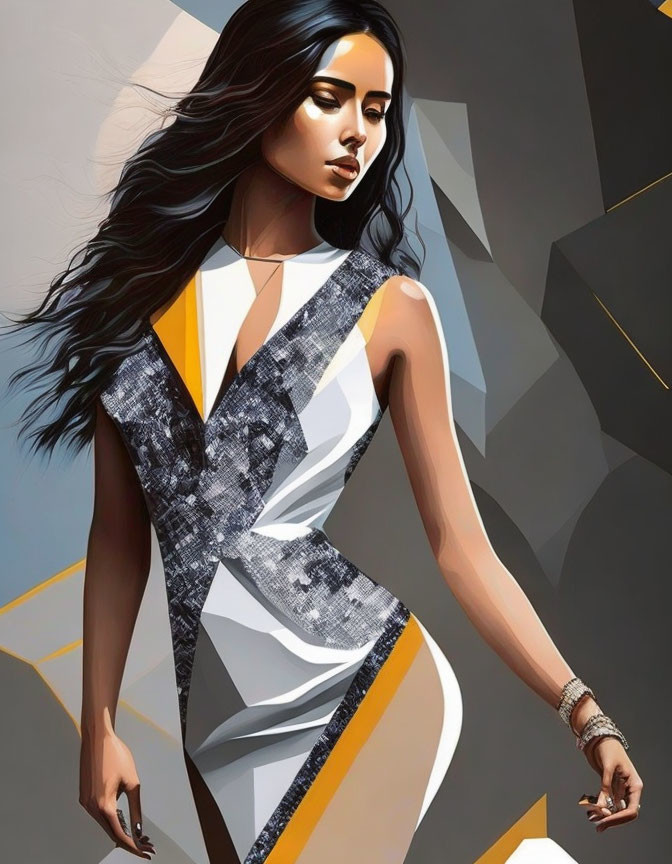 Stylized digital portrait of woman in geometric dress