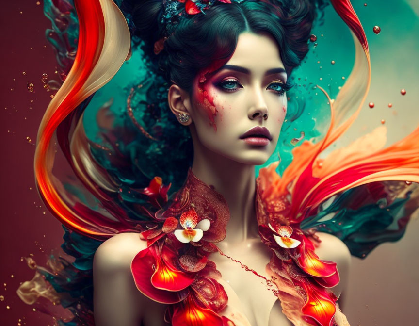 Vibrant surreal portrait of a woman with red and orange swirls, flowers, and dramatic makeup