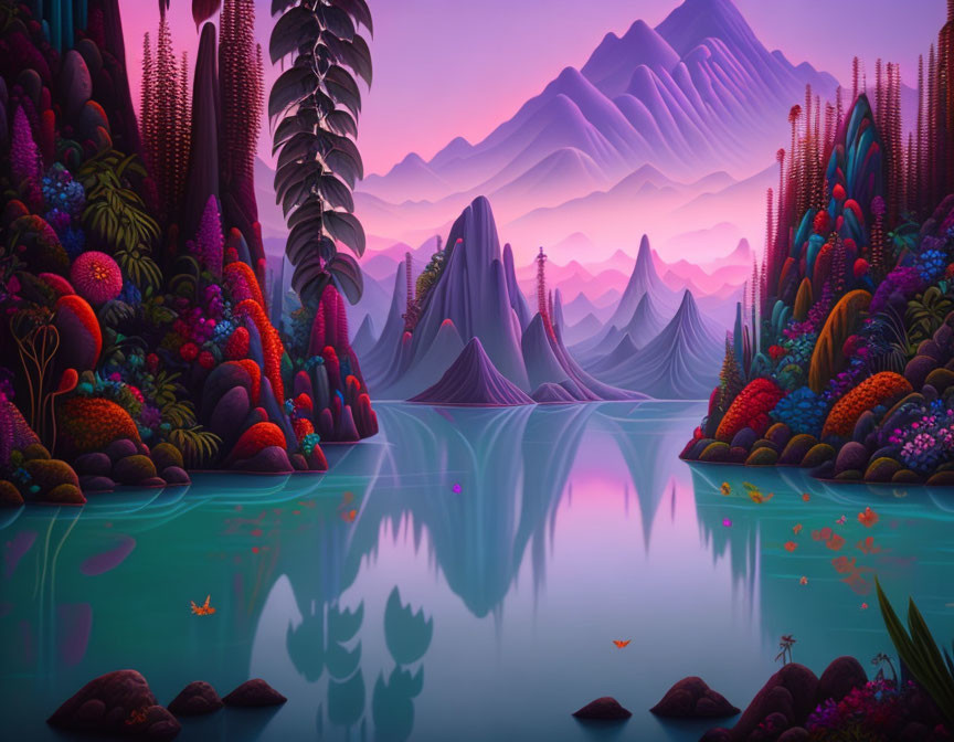 Colorful fantasy landscape with purple mountains and a calm lake