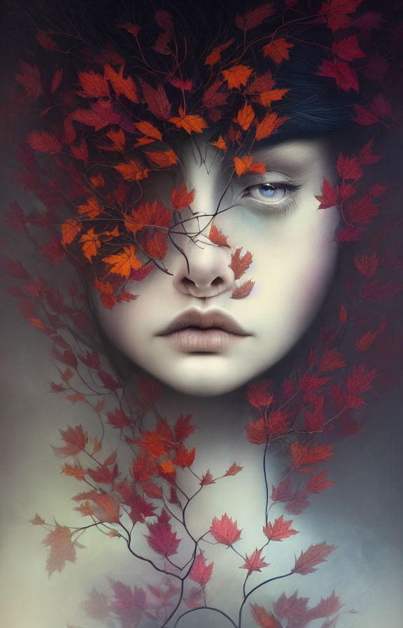 Woman's Face Partially Obscured by Red Autumn Leaves and Blue Eye