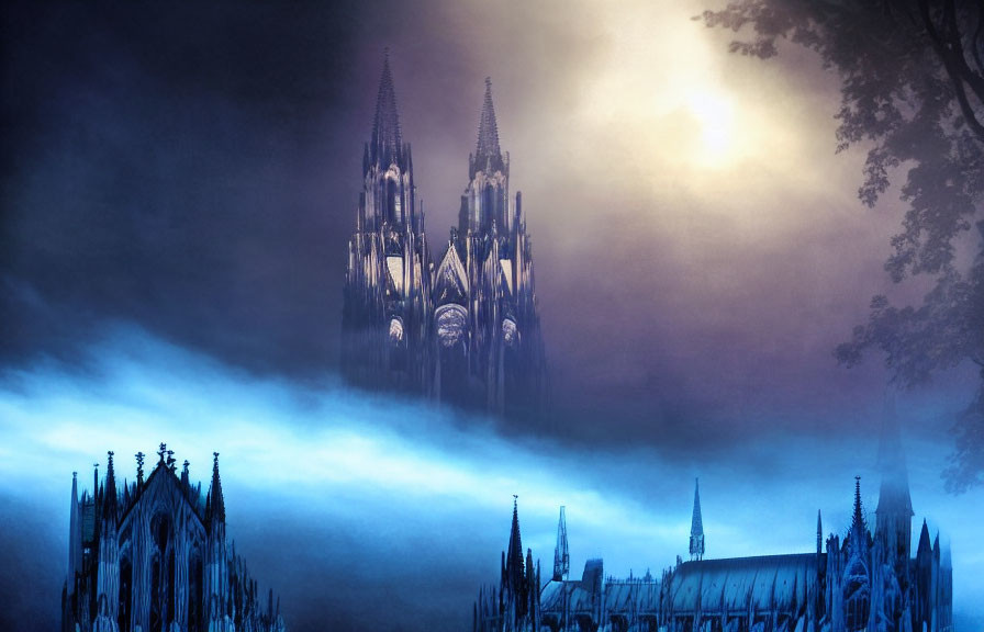 Moonlit Gothic Cathedral Silhouettes in Blue Mist