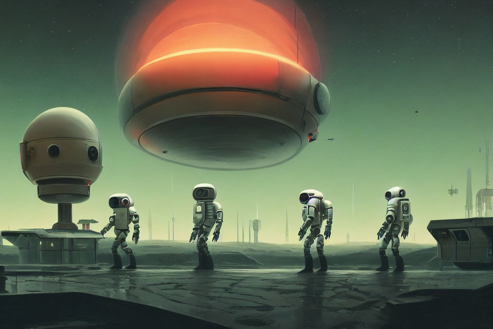 Stylized robots on desolate landscape with planet and futuristic structures