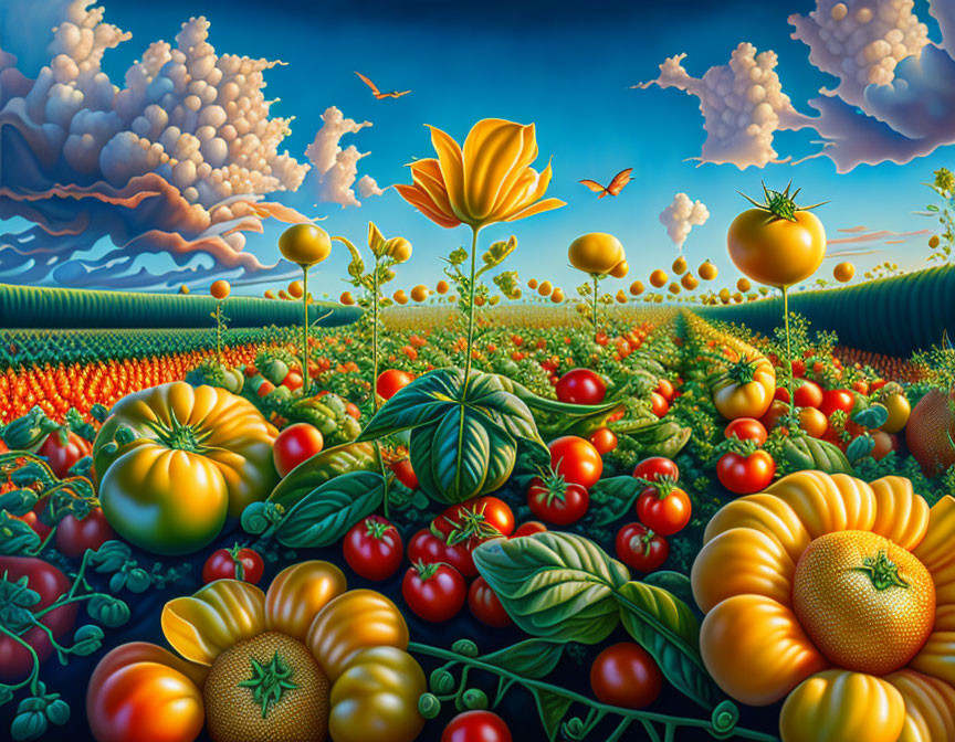 Colorful surreal landscape with oversized tomatoes, flowers, and bees