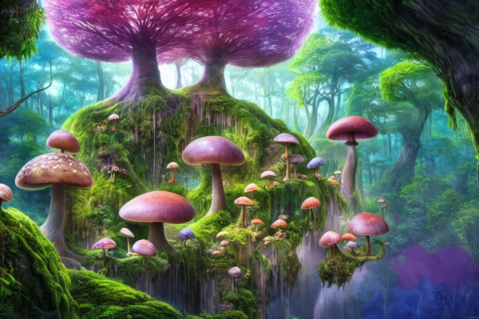 Colorful oversized mushrooms in vibrant fantasy forest