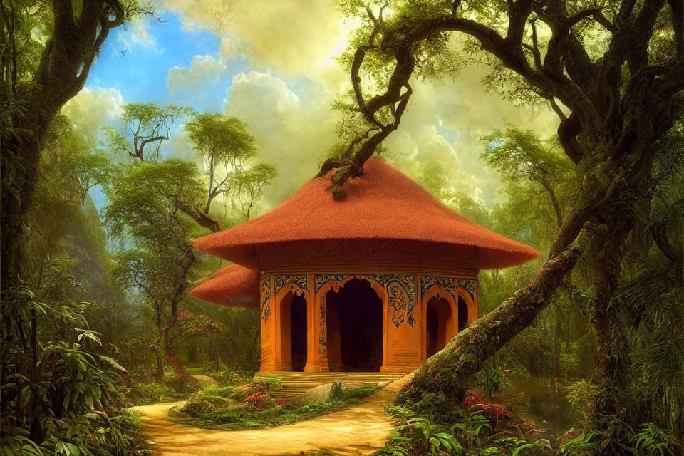 Whimsical hut with red roof and blue decorations in lush green forest