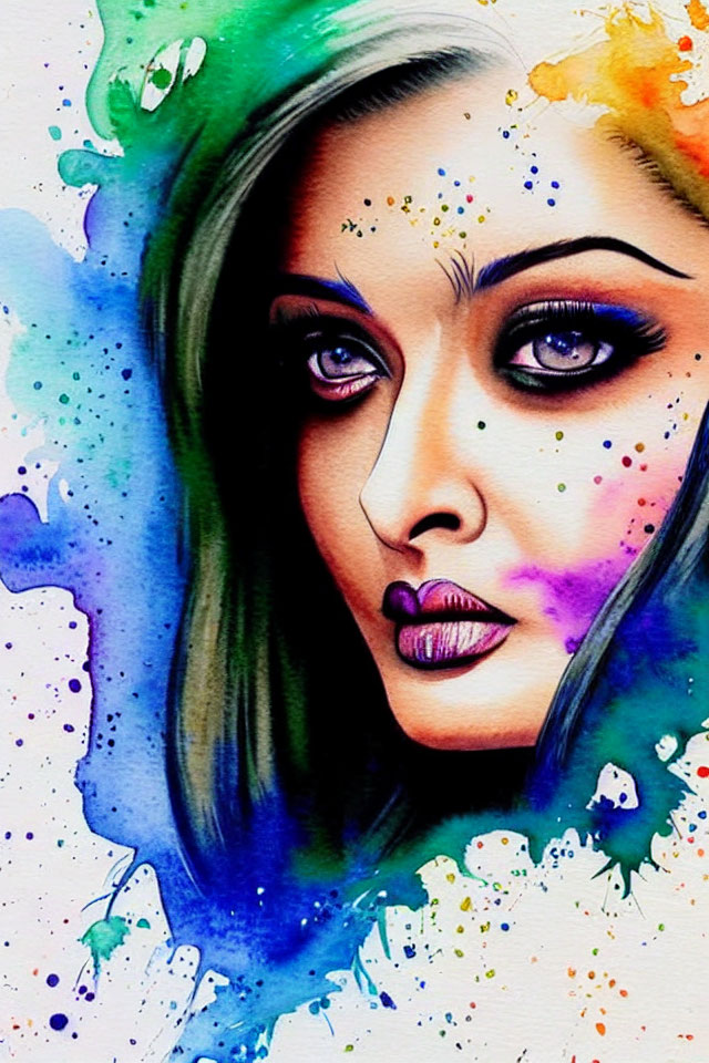 Vibrant watercolor portrait of a woman with striking eyes and blue-green splashes