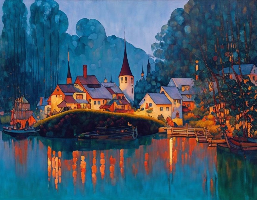 Scenic painting of lakeside village at dusk