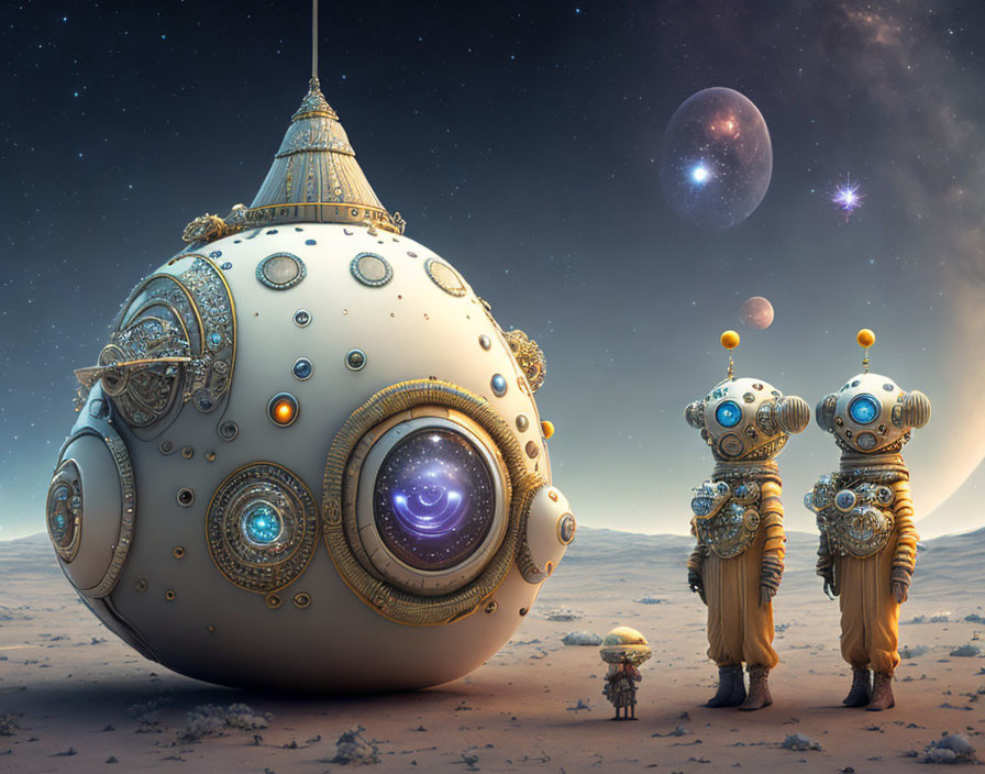 Alien landscape with spherical spacecraft, robotic figures, and multiple moons