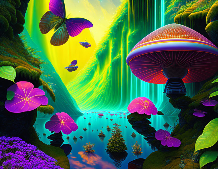 Colorful fantasy landscape with waterfall, flowers, butterflies & mushroom.