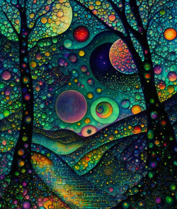 Colorful Psychedelic Forest Artwork with Celestial Orbs