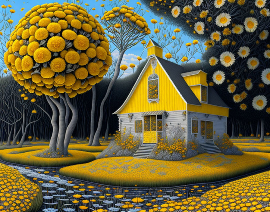 Yellow house surrounded by sunflowers and whimsical tree illustration