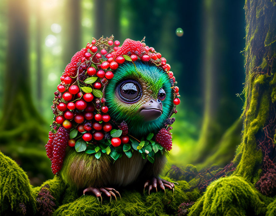 Colorful bird-like creature with red berry headdress in mossy forest