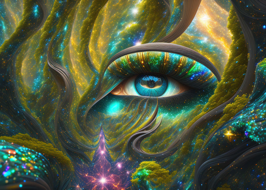 Digital artwork: Cosmic landscape and human eye merge in vibrant display