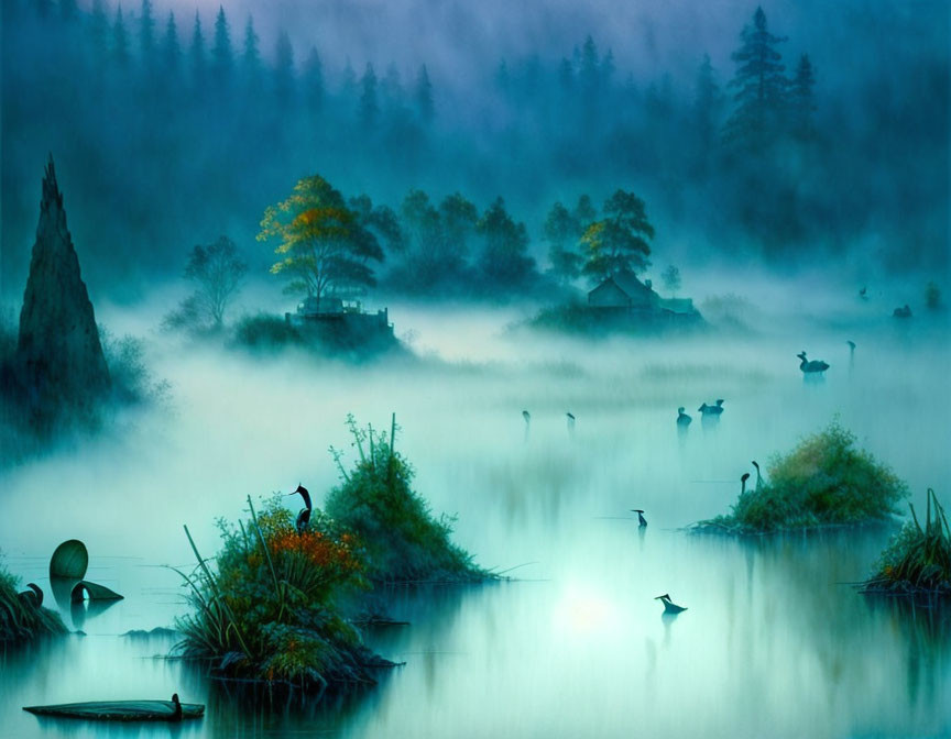 Tranquil Misty Blue Landscape with Birds, Boats, and Hut