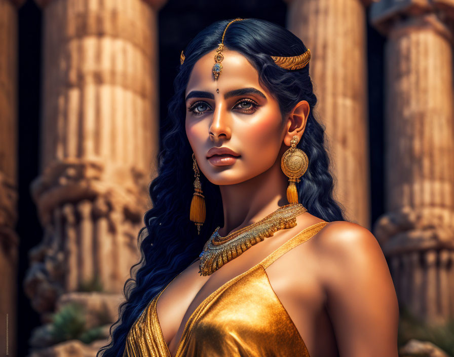 Traditional jewelry-clad woman with dark hair and blue eyes near ancient column ruins