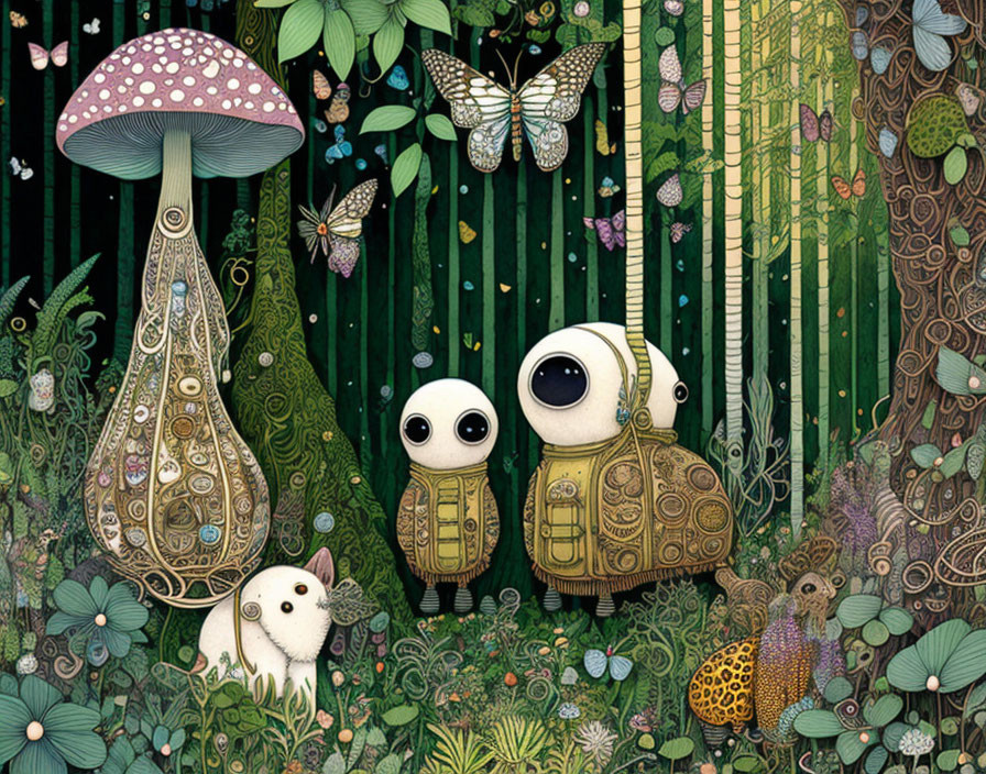 Whimsical forest scene with stylized characters and oversized mushrooms