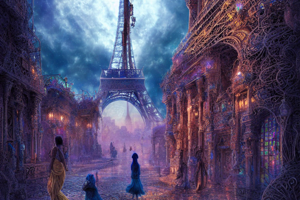 Intricate cityscape with stylized Eiffel Tower and period attire figures