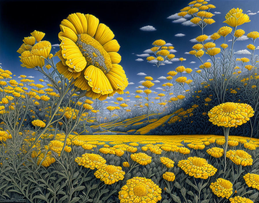 Scenic landscape with yellow flowers under blue sky