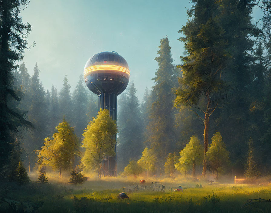 Futuristic UFO-like tower in misty forest with sunlight filtering.