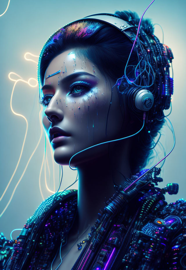 Futuristic woman with cybernetic enhancements and neon blue lighting wearing headphones.