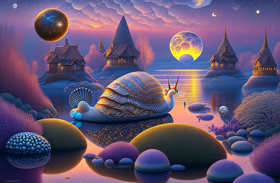 Colorful Fantasy Landscape with Whimsical Structures and Giant Snail