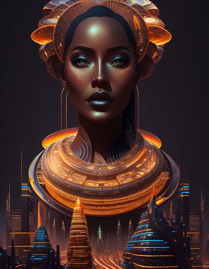 Futuristic portrait of woman with glowing headdress in night cityscape