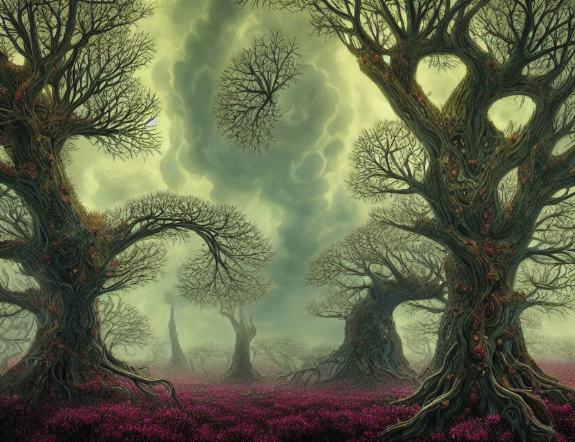 Mystical forest scene with gnarled trees, red-eyed knots, greenish sky, and