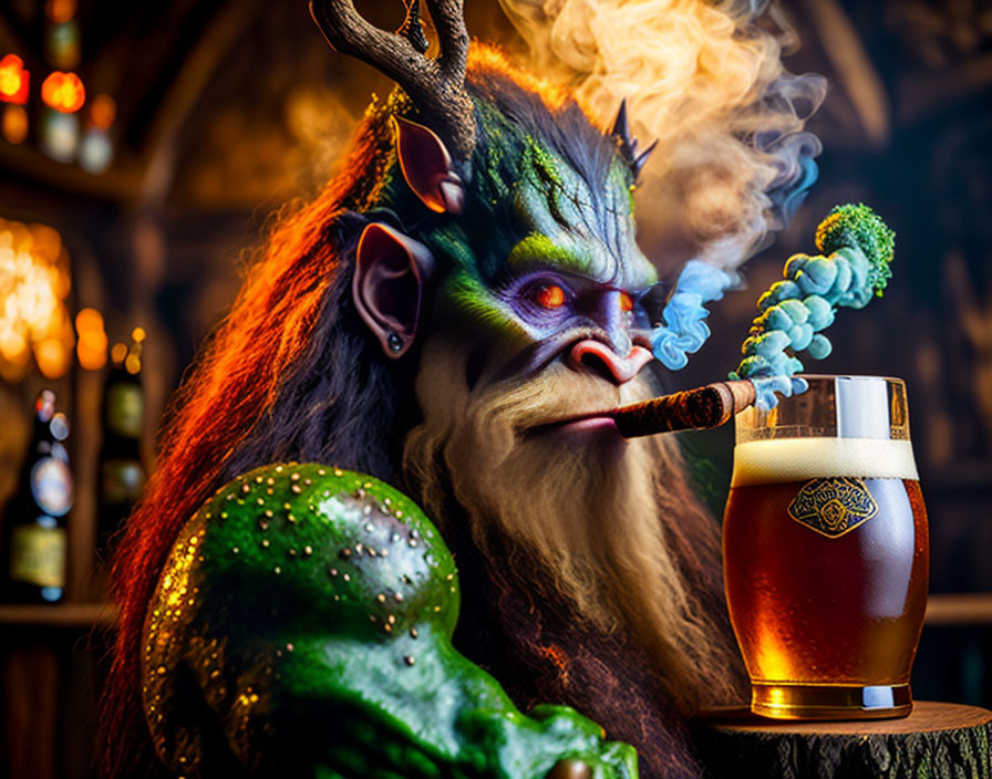 Green-skinned goblin-like creature with horns and cigar in tavern scene