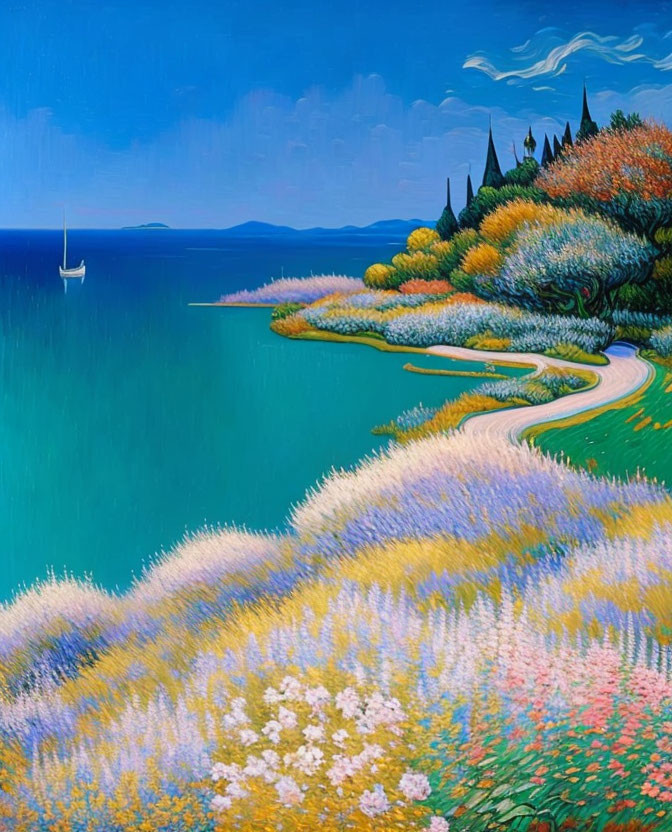 Vibrant pathway by the sea with sailboat and castle hint