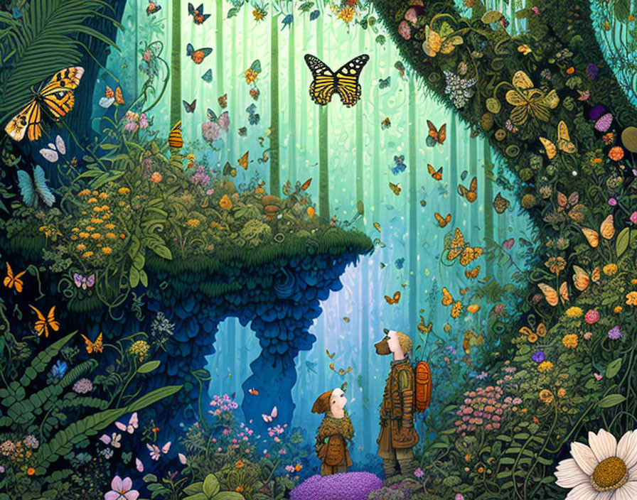 Travelers in vibrant enchanted forest with butterflies, waterfall, lush flora