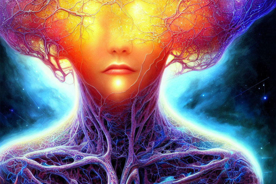 Colorful digital artwork: humanoid figure with tree-like head, cosmic hues