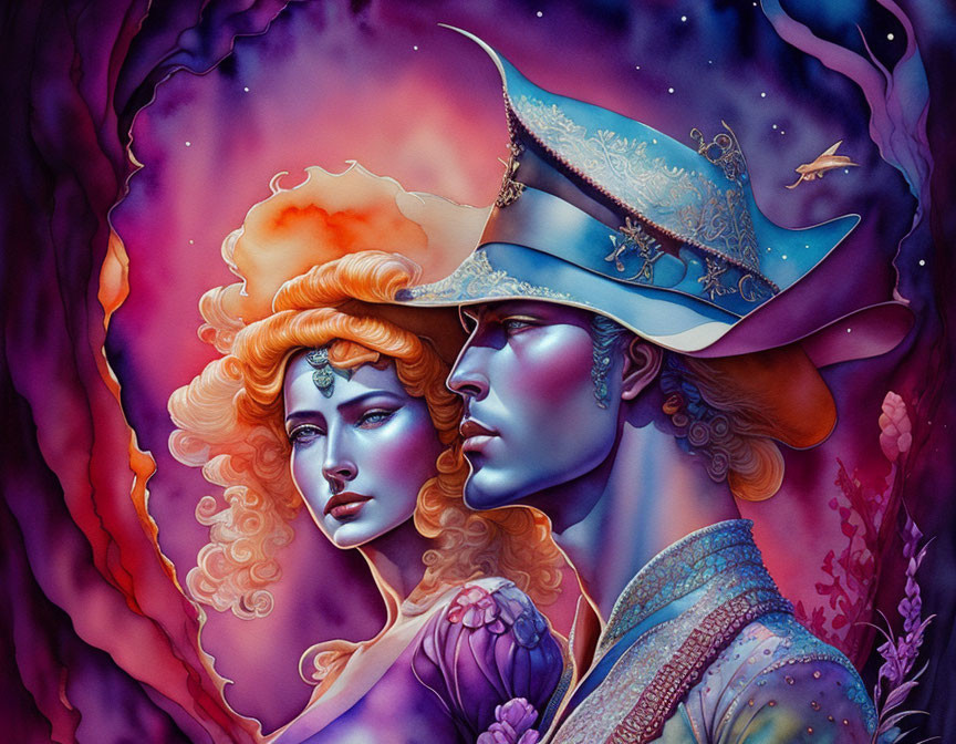 Male and female figures in elaborate attire against vibrant purple and red backdrop