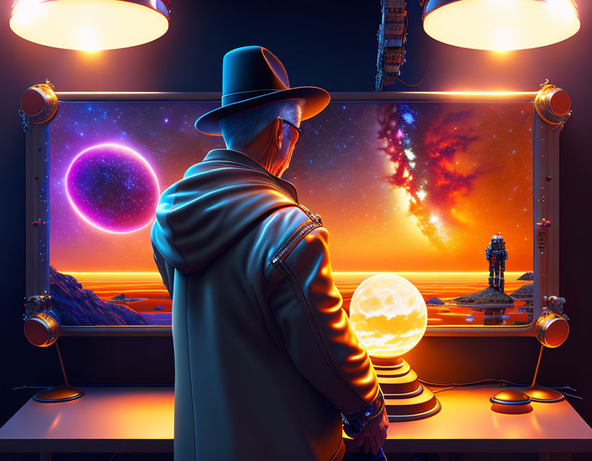 Person in fedora and trench coat gazes at sci-fi landscape