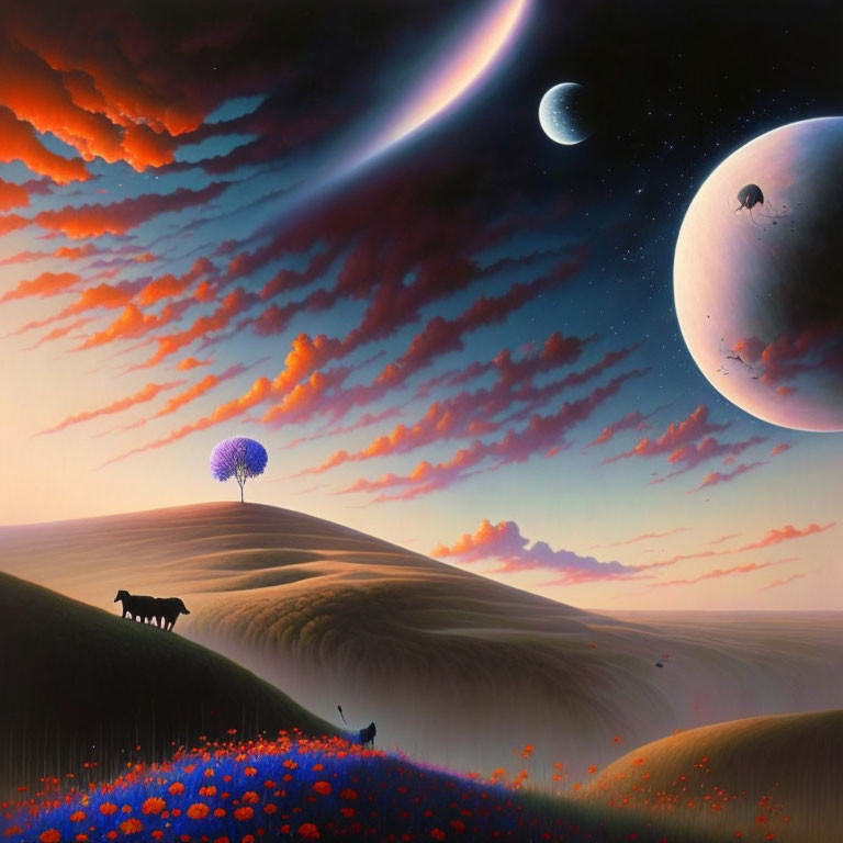 Surreal landscape with red skies, crescent moon, cows, and colorful flora