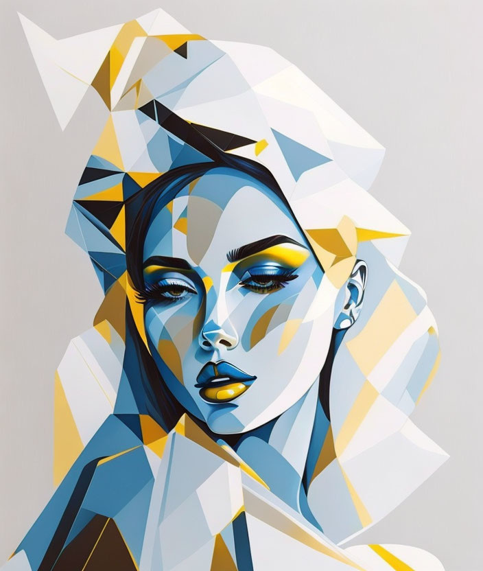 Geometric Abstract Art: Woman's Face in Blue, White, and Yellow