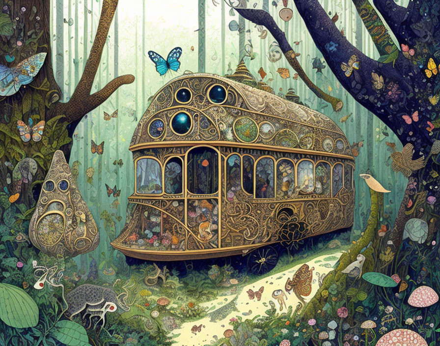 Detailed whimsical trolley in lush forest with butterflies & creatures