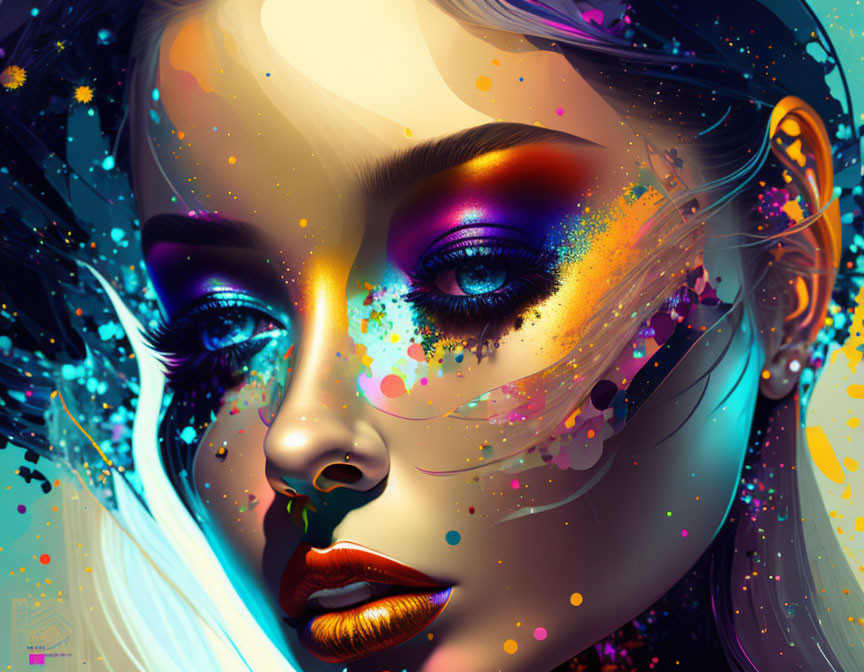 Vibrant woman illustration with colorful makeup on blue background