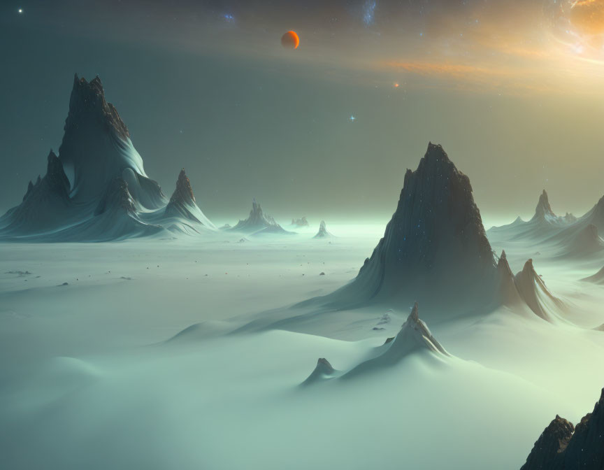 Majestic alien landscape with mountains, desert terrain, and large orange moon