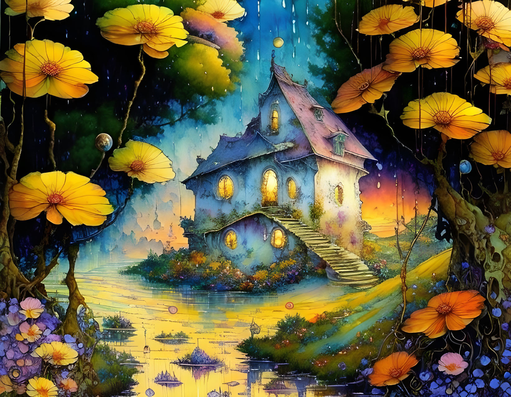 Scenic illustration: Cozy house by lake, lush trees, yellow flowers, sunset sky