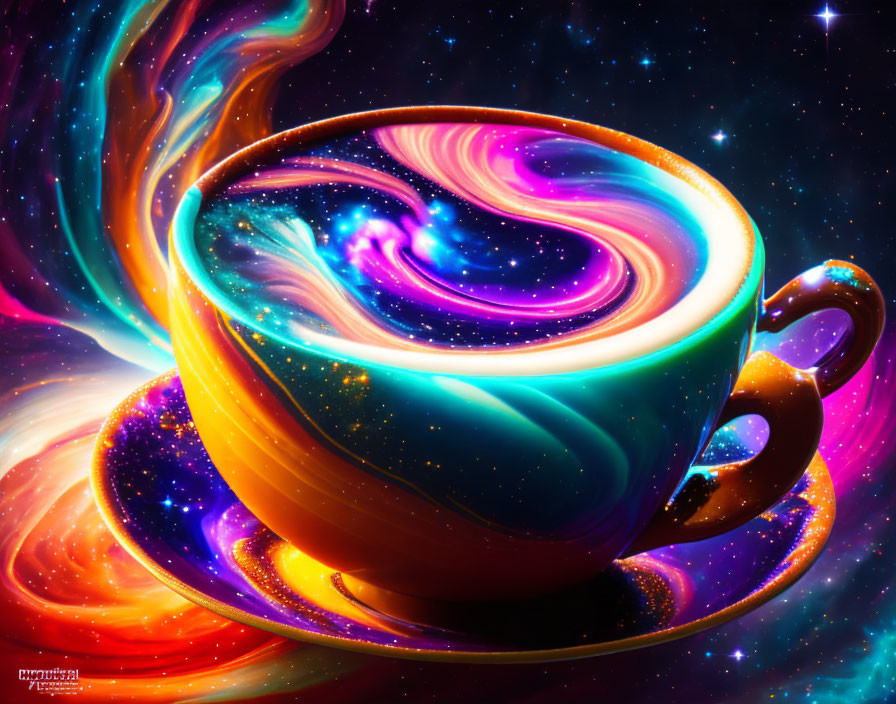 Cosmic-themed coffee cup with vibrant starry swirls