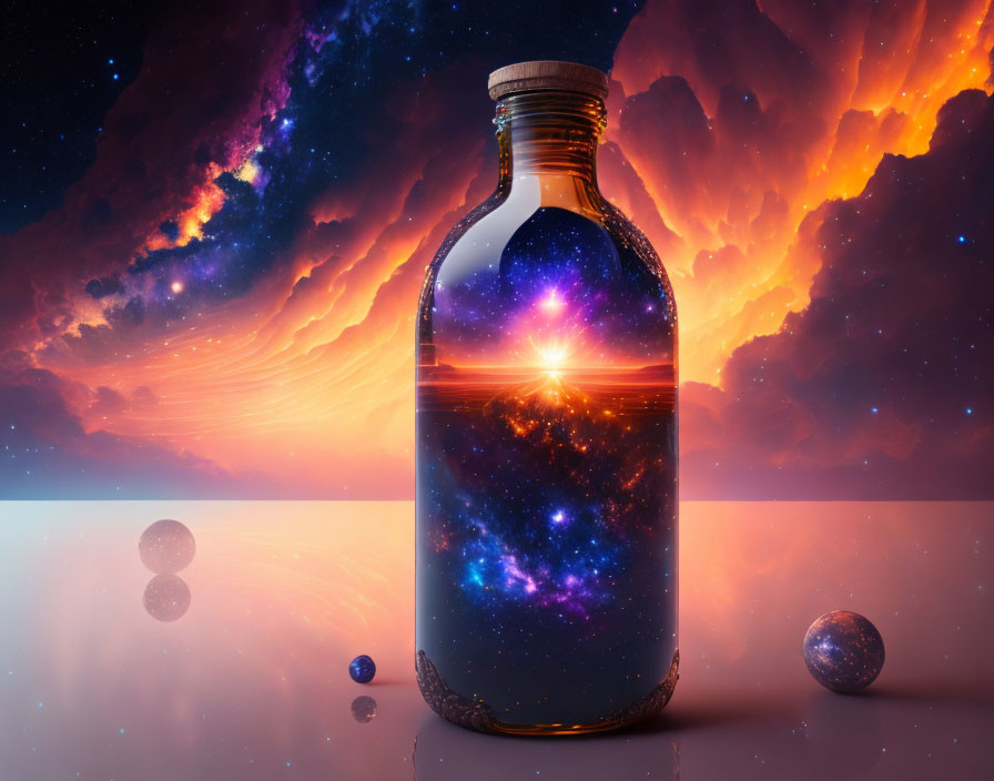 Galaxy in mystical flask with surreal celestial backdrop