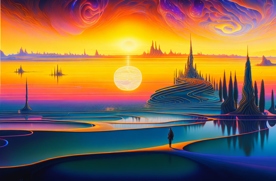 Colorful surreal landscape with swirling skies, spire formations, and lone figure.