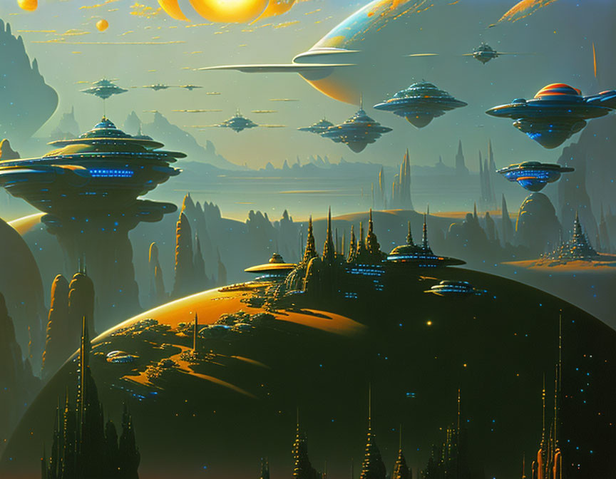 Alien landscape with floating cities under golden sky