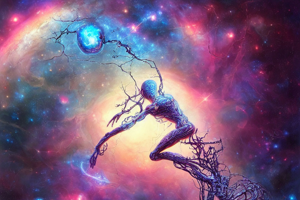 Surreal cosmic scene: humanoid figure in tree branches reaching blue nebula