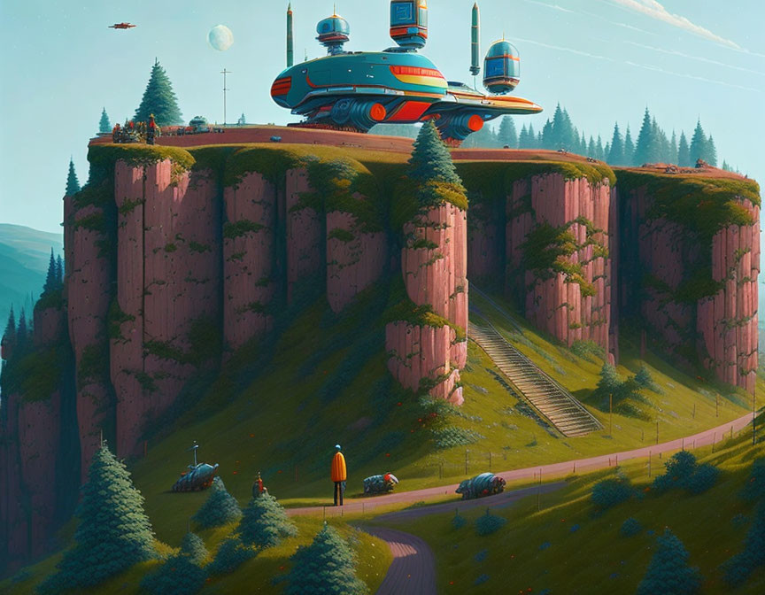 Retro-futuristic illustration of spaceship on cliff with road and people