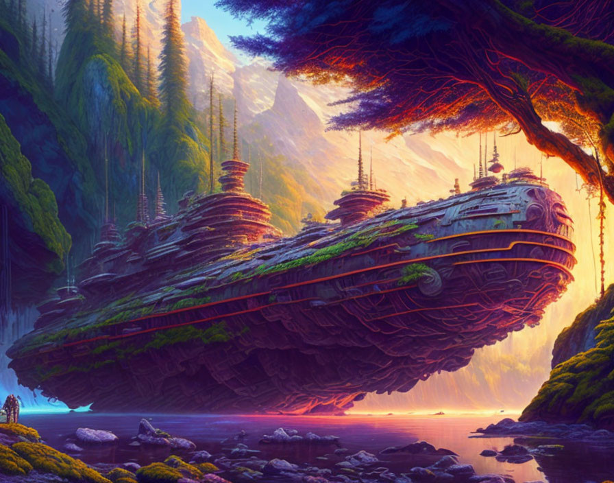 Giant forest-covered spaceship near river with two small figures at sunset